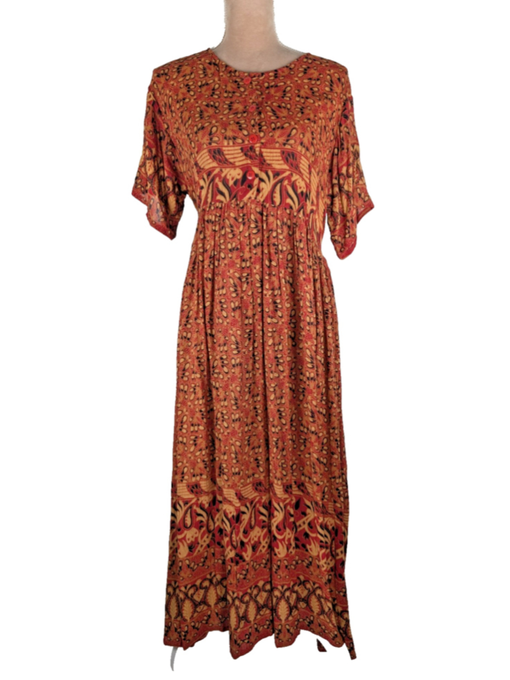 Vintage Maxi Shift Dress Crinkle Gauze Batik Sz L Retro Boho Peasant Hippie